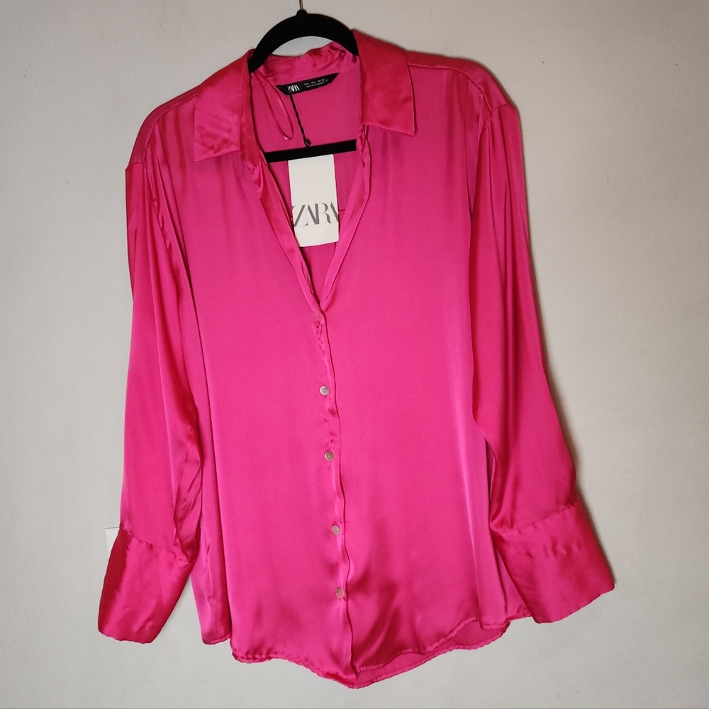 NWT Zara Pink Satin Long Sleeve Button Shirt Women's Size Large